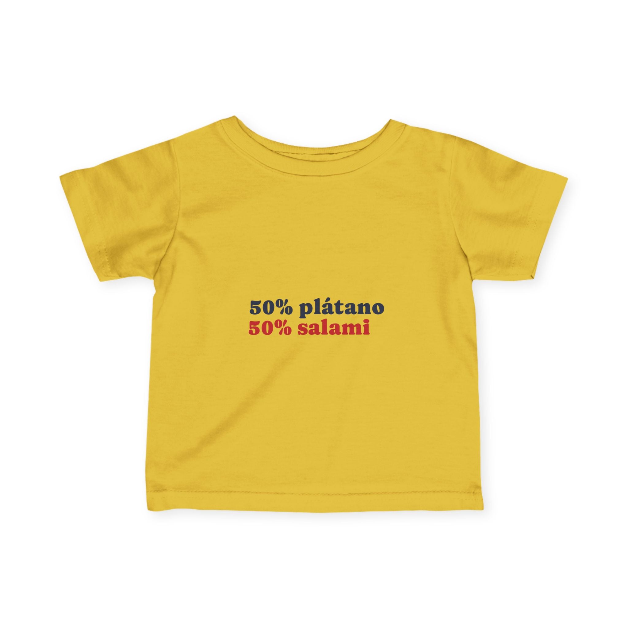 Infant Tee — "50% plátano 50% salami" Cute Spanish Baby Shirt