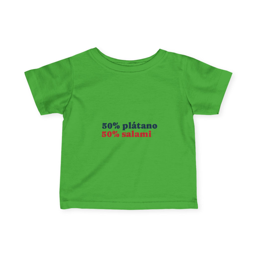 Infant Tee — "50% plátano 50% salami" Cute Spanish Baby Shirt